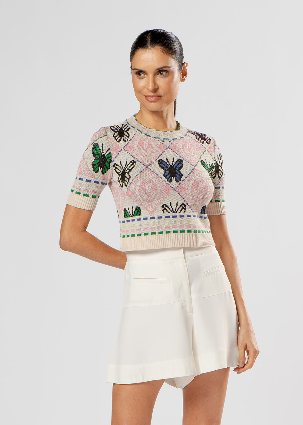 BLUSA TRICOT CROPPED EM JACQUARD BORBOLETA