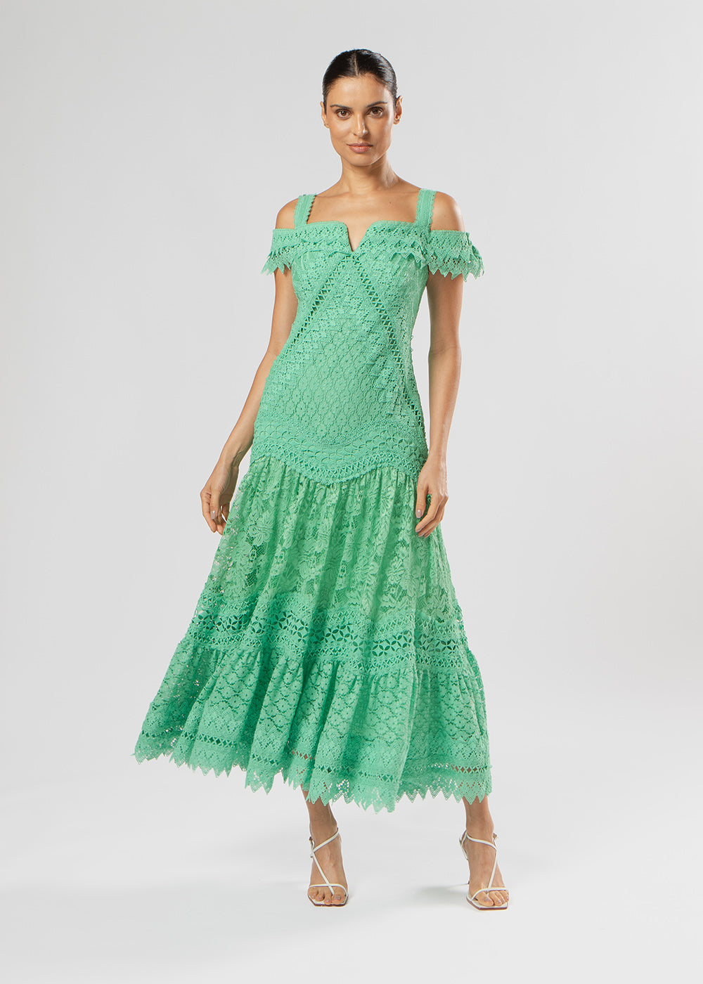VESTIDO MIDI ANA MIX DE RENDA VERDE PAPILLON
