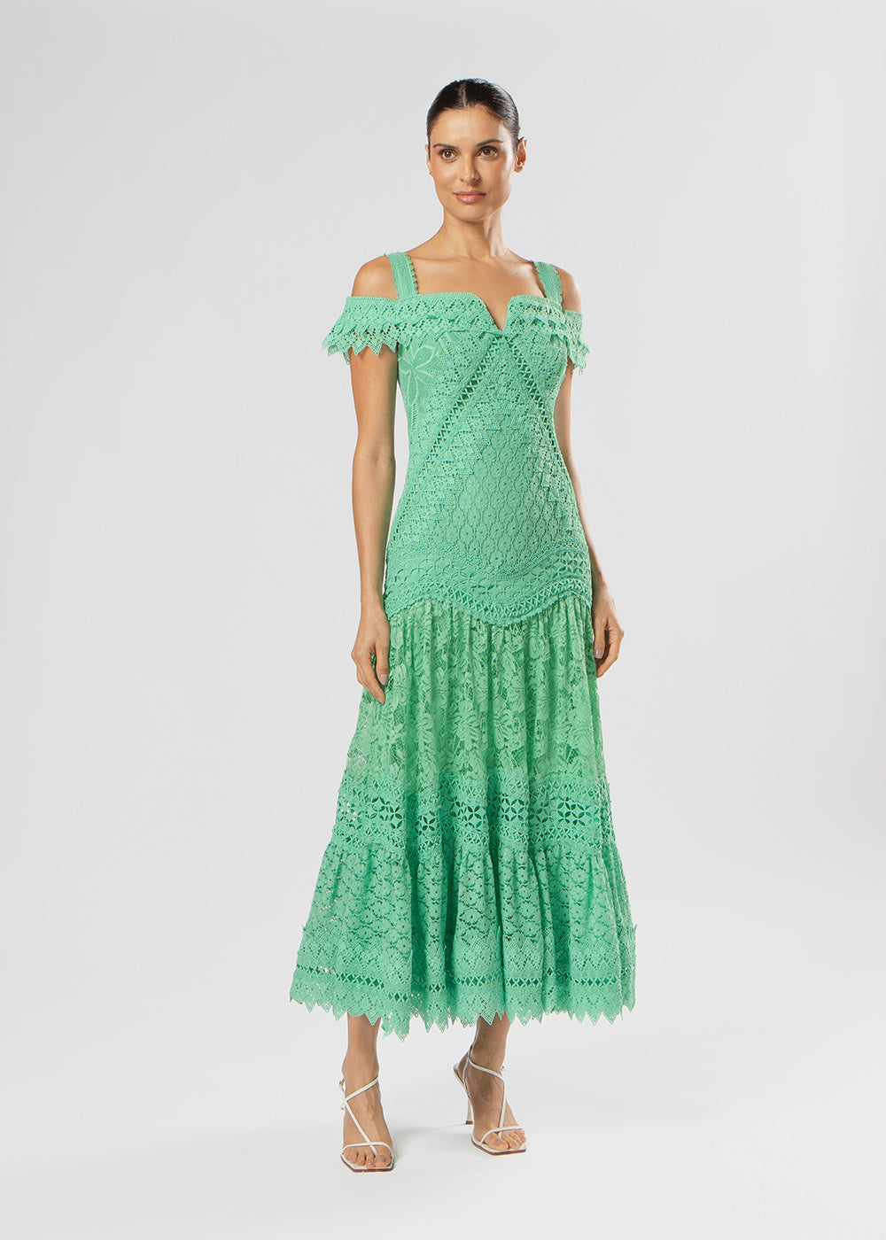 VESTIDO MIDI ANA MIX DE RENDA VERDE PAPILLON
