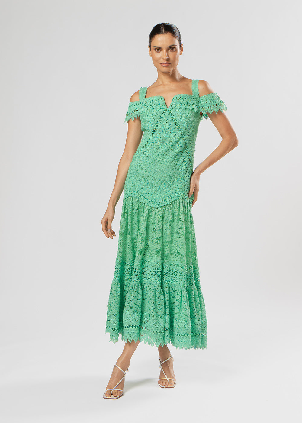 VESTIDO MIDI ANA MIX DE RENDA VERDE PAPILLON
