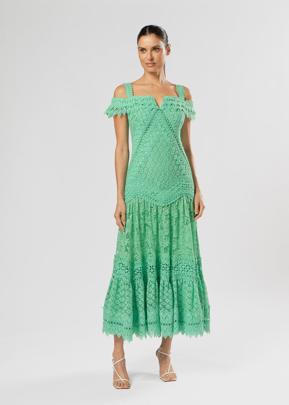 VESTIDO MIDI ANA MIX DE RENDA VERDE PAPILLON