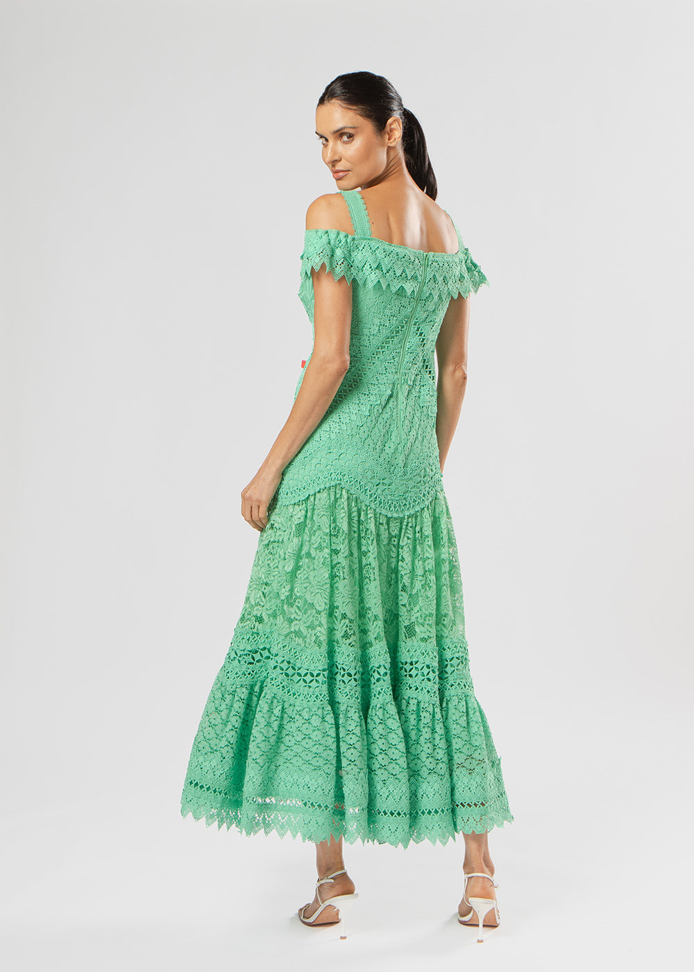 VESTIDO MIDI ANA MIX DE RENDA VERDE PAPILLON