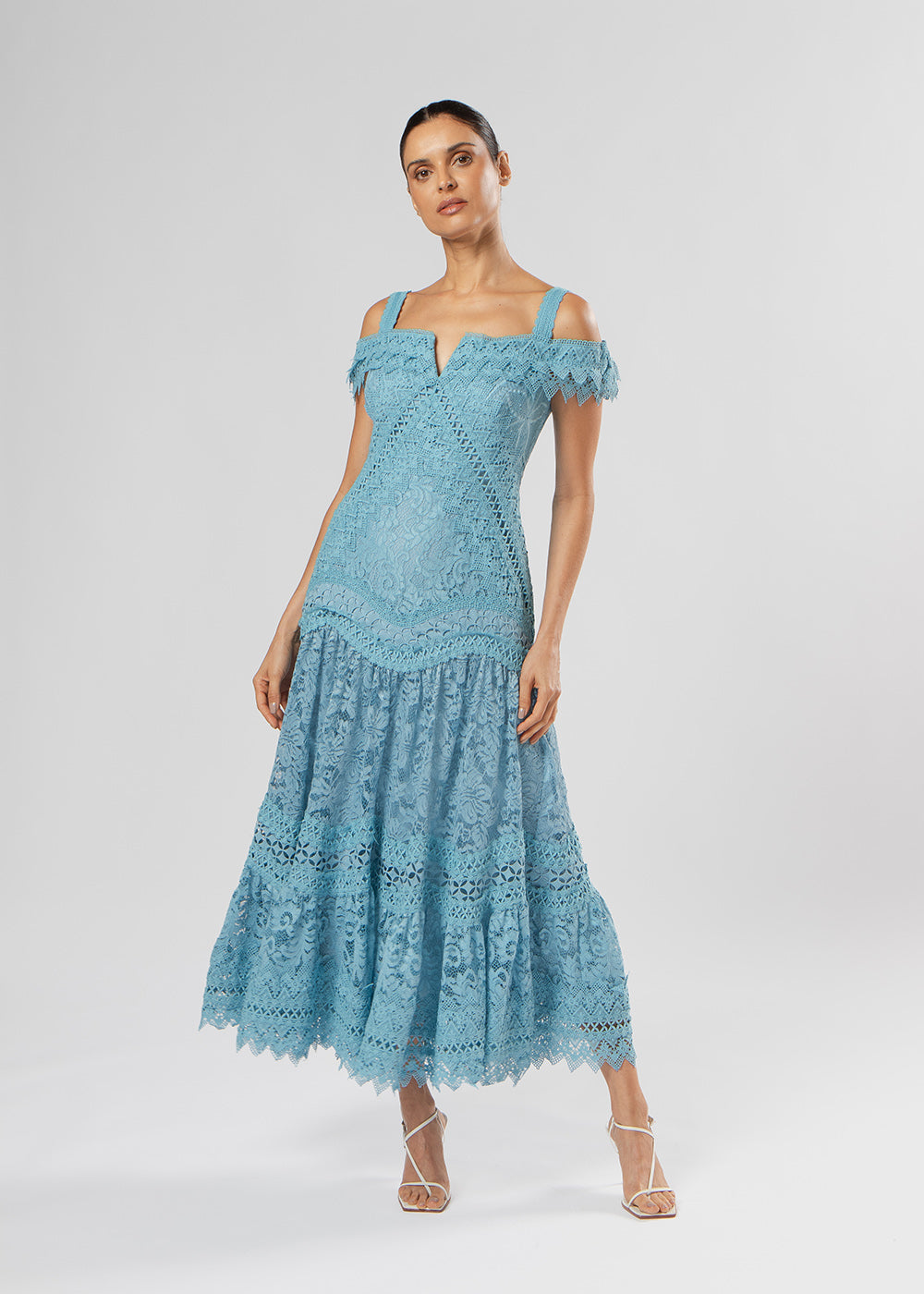 VESTIDO MIDI ANA MIX DE RENDA AZUL LYCA